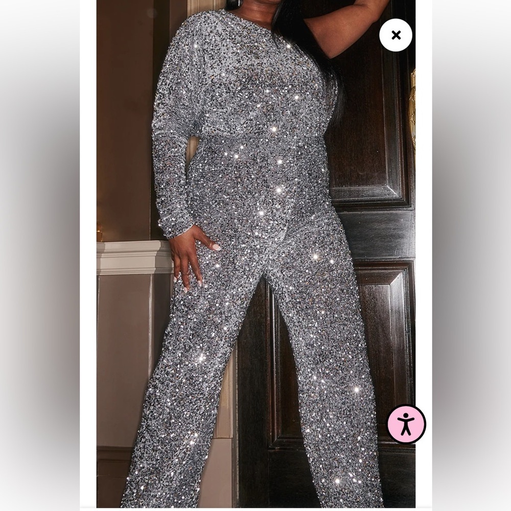 Sold Out PrettyLittlething  plus Velvet Sequin One Shoulder  Wide Leg Jumpsuit